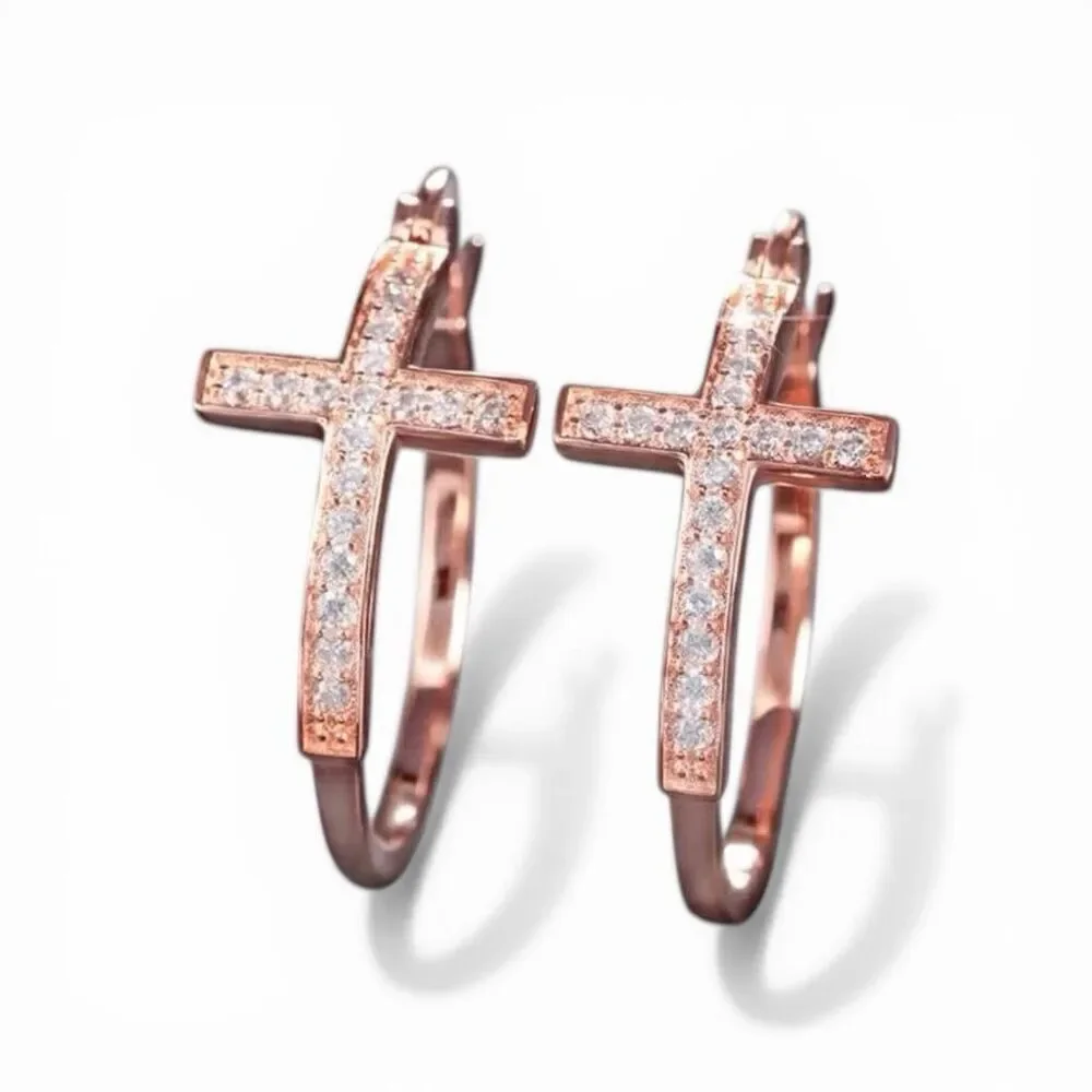 Brand Womens Boutique Australian Crystal Rose Gold Cross Hoop Earrings